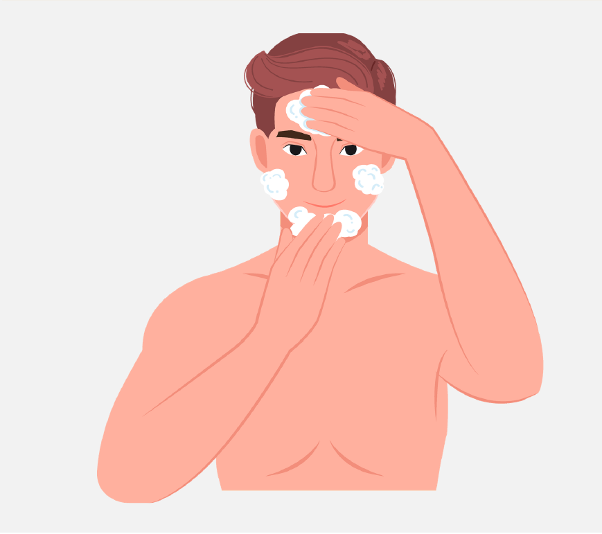 Graphic of a man washing his face with soap and water.