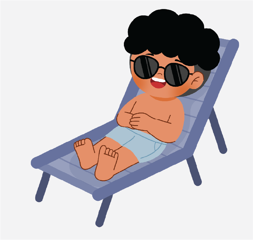 Graphic of a boy sitting in a chair, he has sunglasses on and looks happy.
