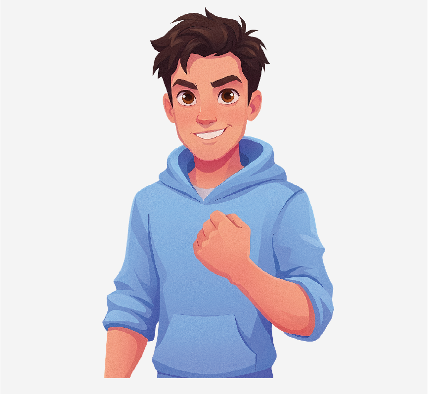 A boy smiling with his fist in front of him.