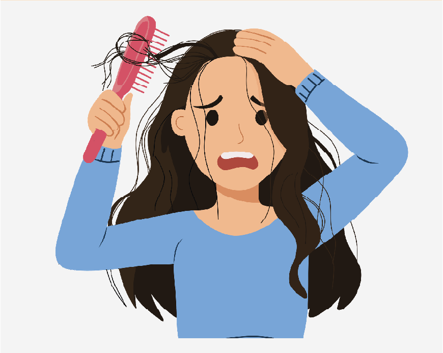 Graphic of a girl with long hair, she is trying to brush it but it is tangled and snarled.