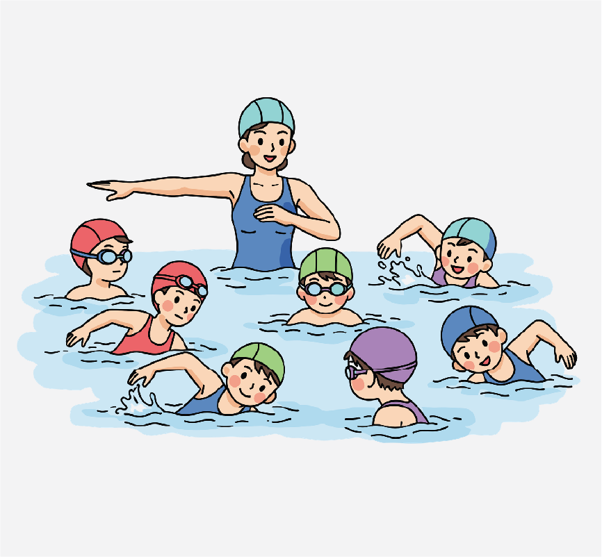 A swimming instructor teaching seven kids to swim. They are all wearing swim caps, some have goggles on, too.