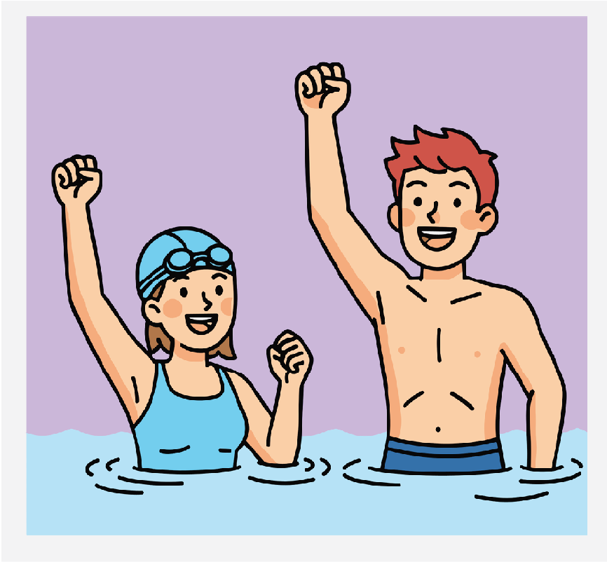 A swimming instructor and a young girl in a pool. They are both excited and have one arm in the air.