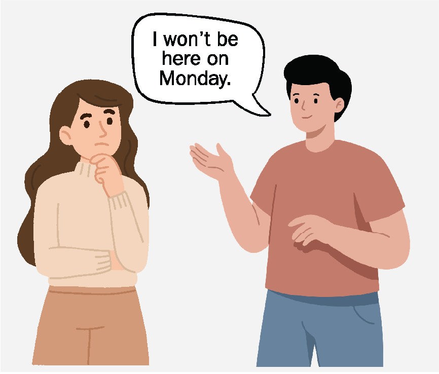 A man and woman talking to each other. The man is saying, 