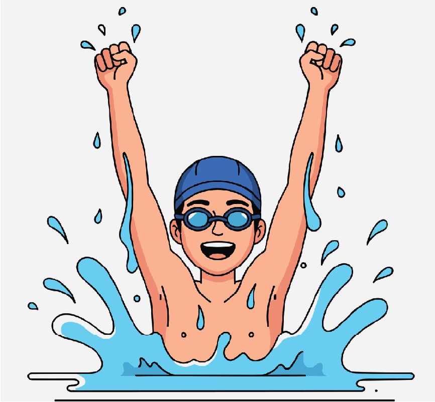 A boy wearing a swim cap and goggles. He is coming out of the water with both of his hands in the air.