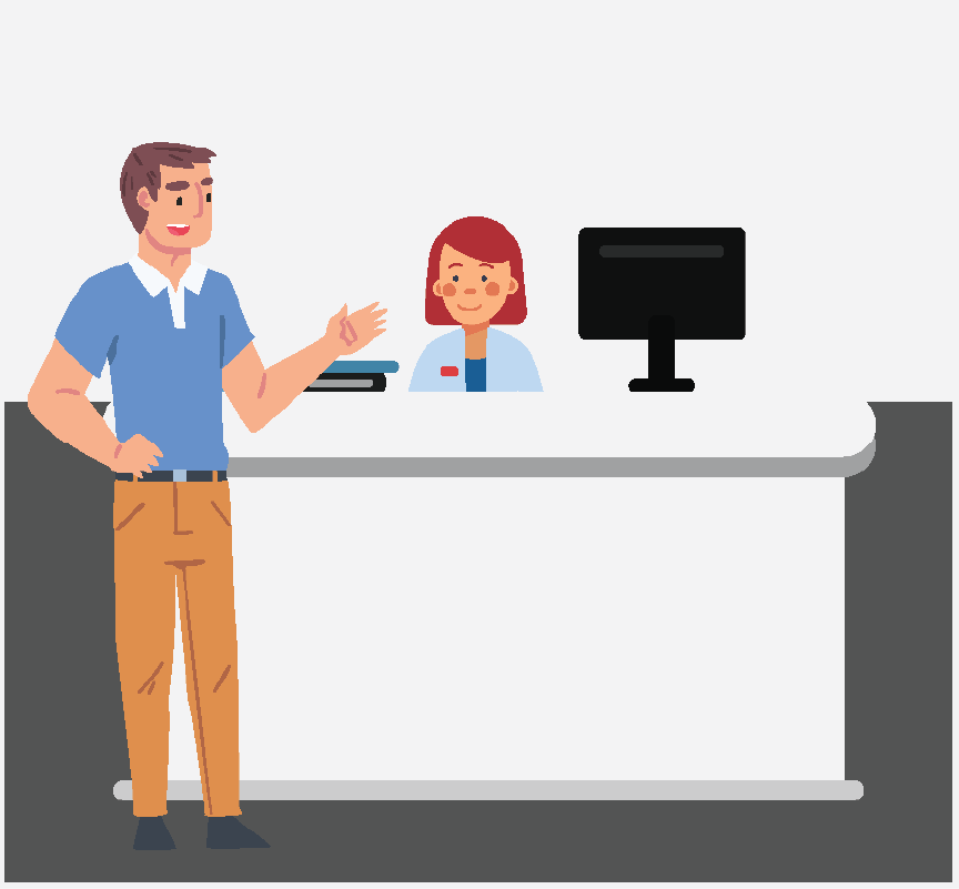 A man talking to a receptionist at a desk.