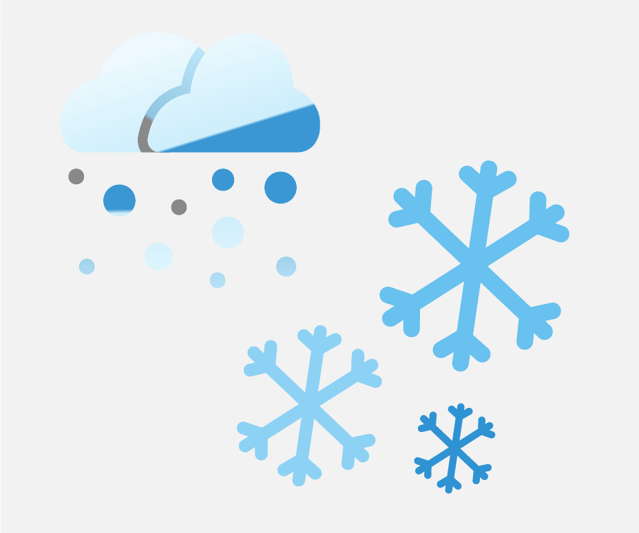 A cloud with snow falling from it and three bigger snowflakes.