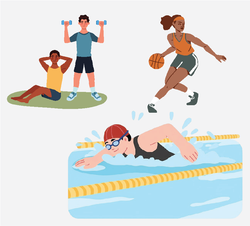 Two people exercising, a person playing basketball, and a person swimming in a pool.
