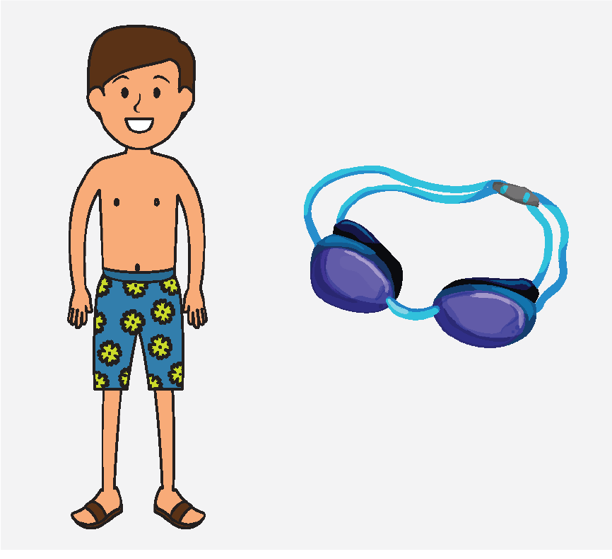 A boy in swim trunks and a pair of goggles.