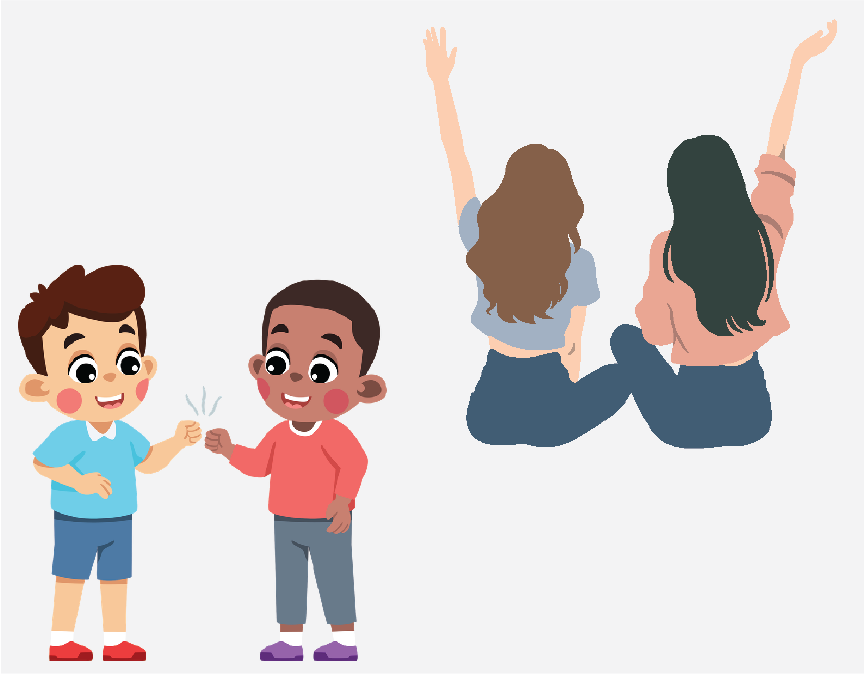 Two young boys fist bumping and two girls sitting backwards with their hands in the air.