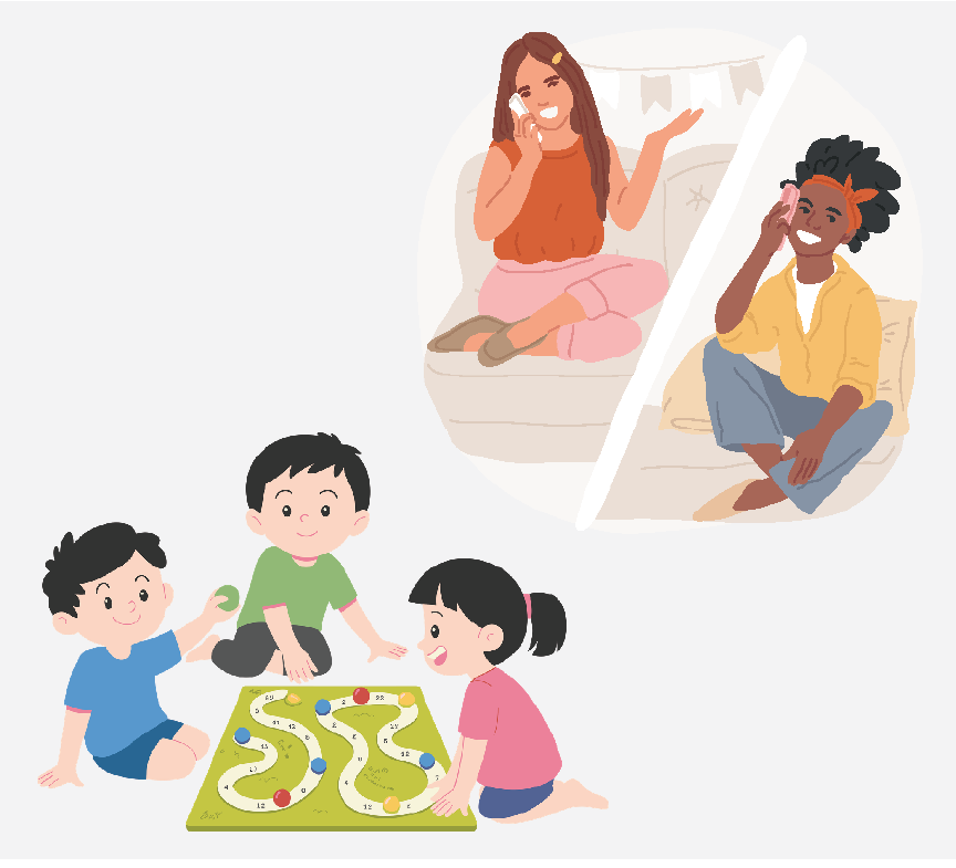 Two friends talking on the phone and another group of friends playing a board game.