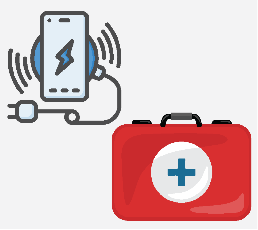 Un teléfono móvil y un cargador. También hay un botiquín de emergencia rojo con una cruz en el centro.
