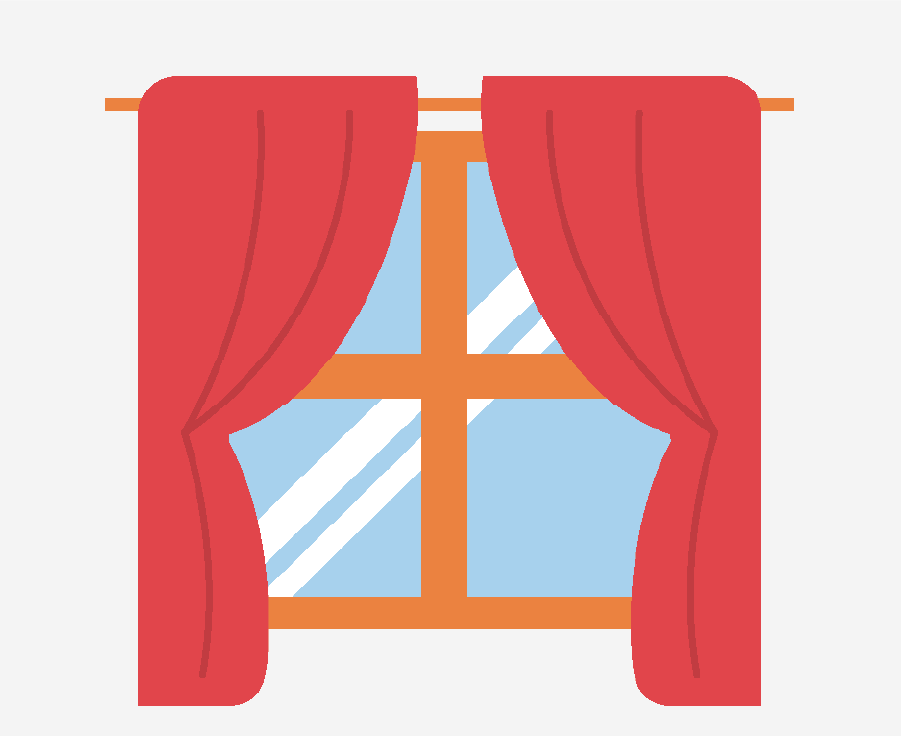 Una ventana con cortinas rojas.