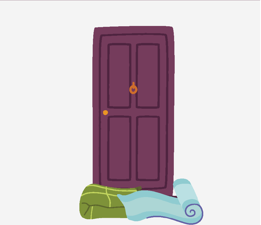 A purple door with two blankets in front of it to seal the cracks.