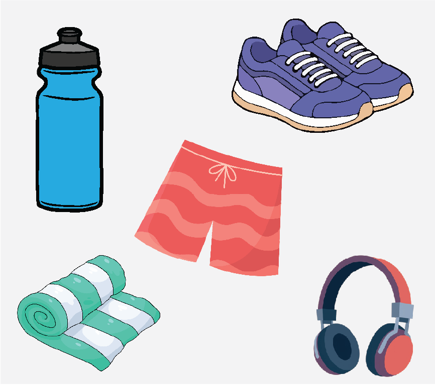 A water bottle, shoes, a towel, sneakers, swim trunks, and headphones.