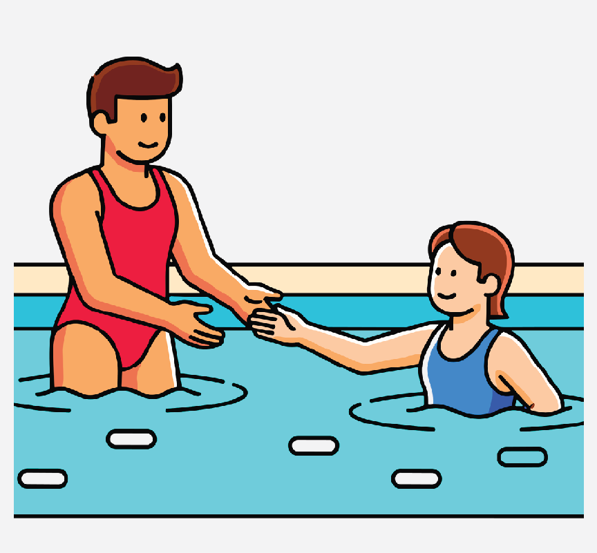 A swim instructor teaching a young girl to swim.
