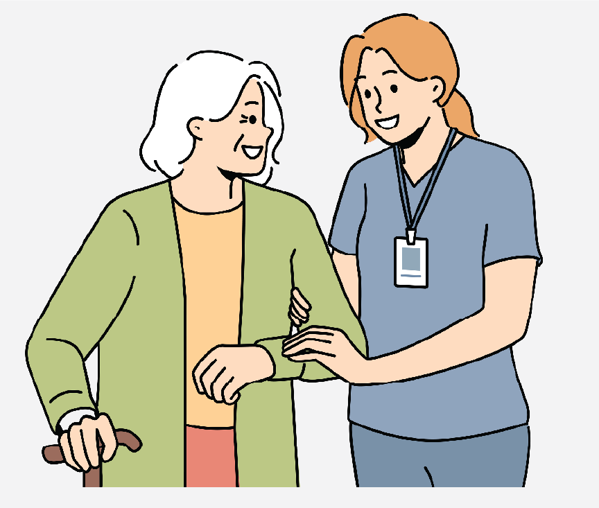 A nurse helping an elderly woman walk.