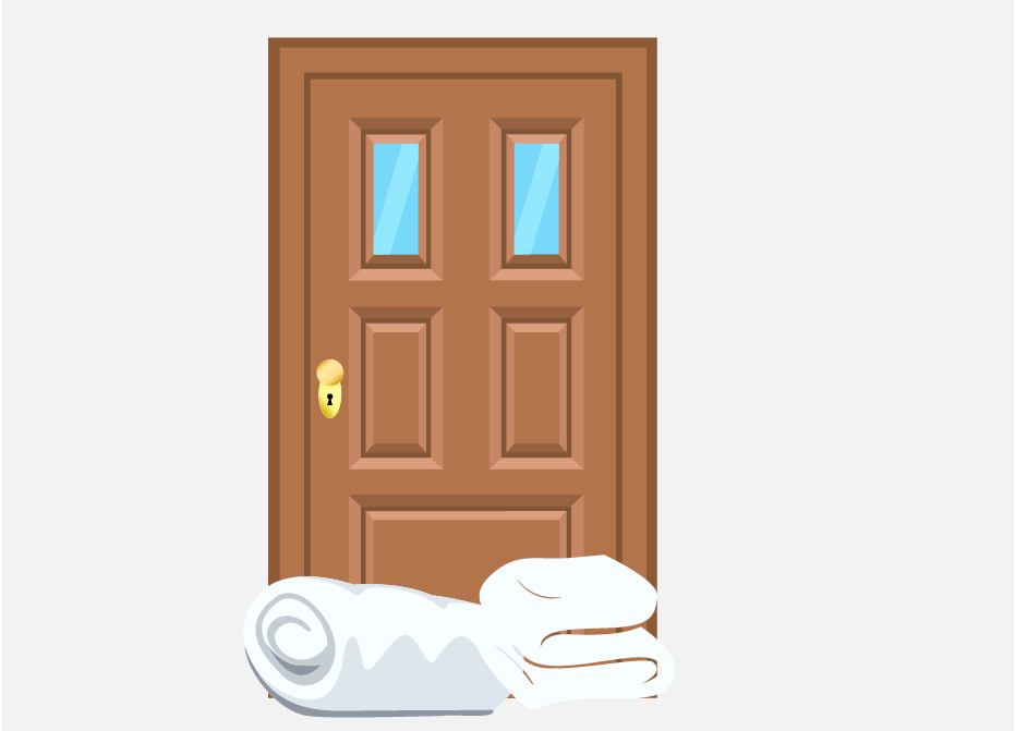 A door with two blankets in front of it to seal the crack.