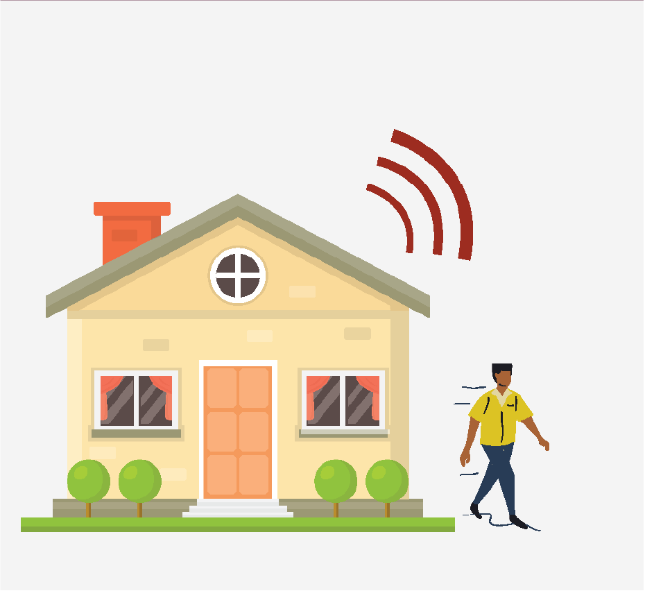A house with a person outside next to it. There are sound waves coming out of the house to show that the smoke alarm is going off.