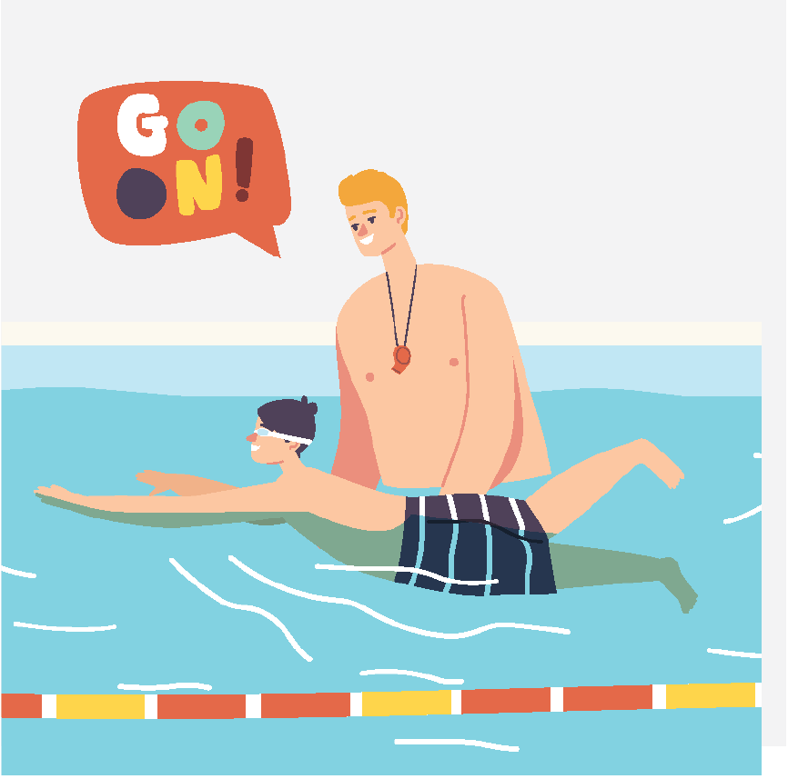 A swim instructor teaching a young boy to swim. He is saying 