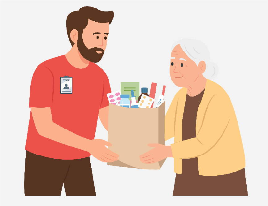 A man helping an elderly woman carry her grocery bags.