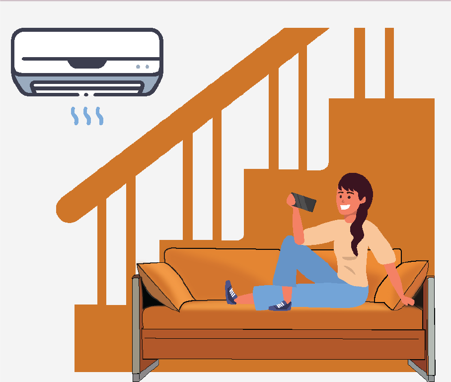 A woman sitting on a couch looking at her phone. There is an air conditioner above her.