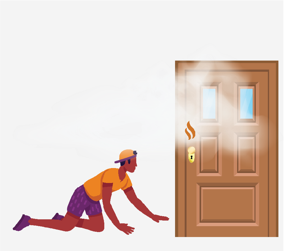 A man crawling next to a door. There is smoke above him.