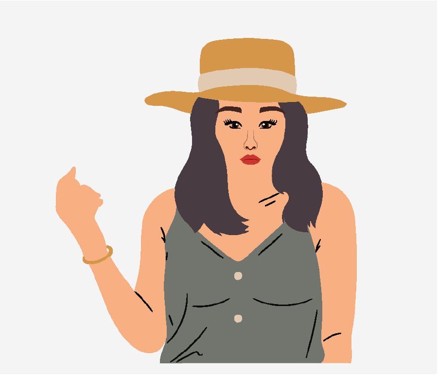 လက်ပြတ်အင်္ကျီနှင့် နေကာဦးထုပ်တလုံး ဝတ်ဆင်ထားသော အမျိုးသမီးတဦး။