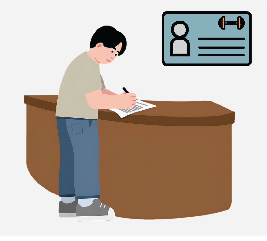 A person signing a paper at a desk. There is a gym membership card in the top right corner.
