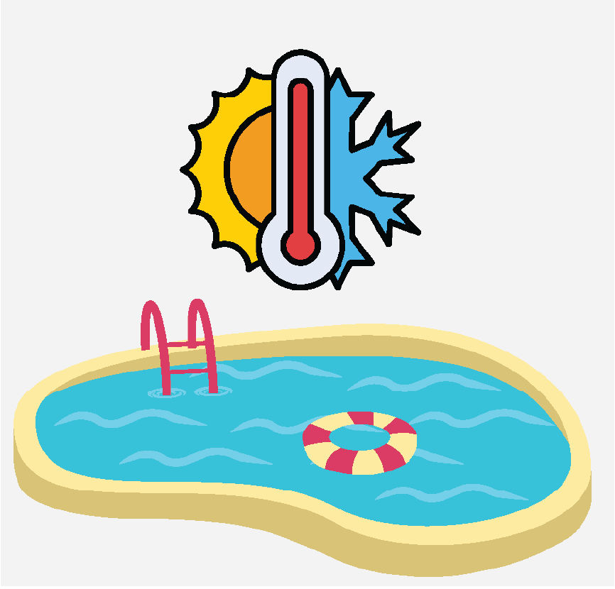 A thermometer with a sun and snowflake next to it to show different temperatures. There is also a swimming pool with a pool float in it.