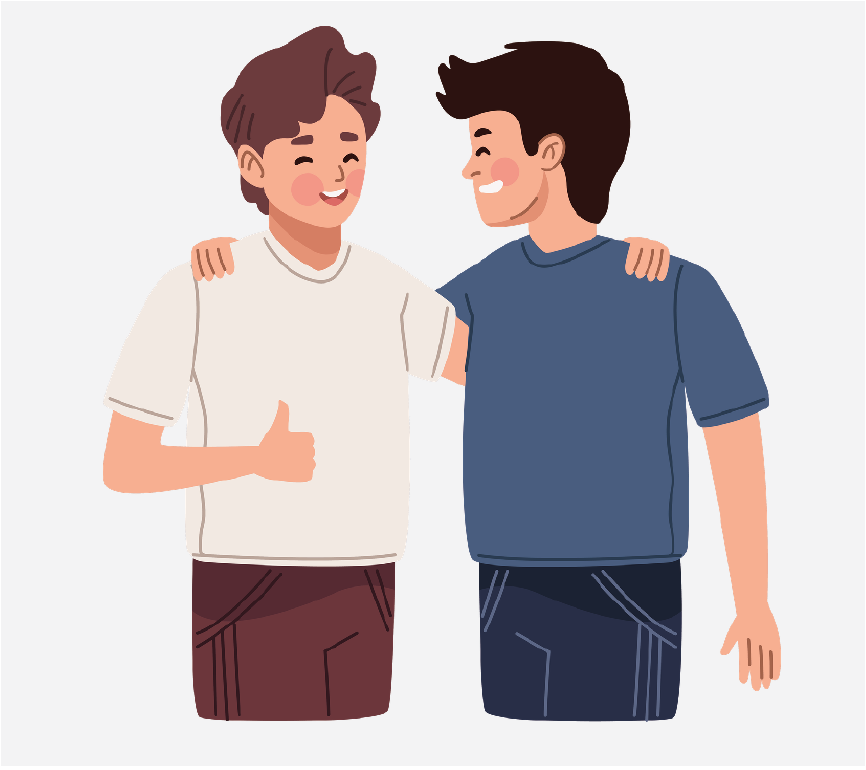 Two friends with their arms around each other. One of them is giving a thumbs up and smiling.