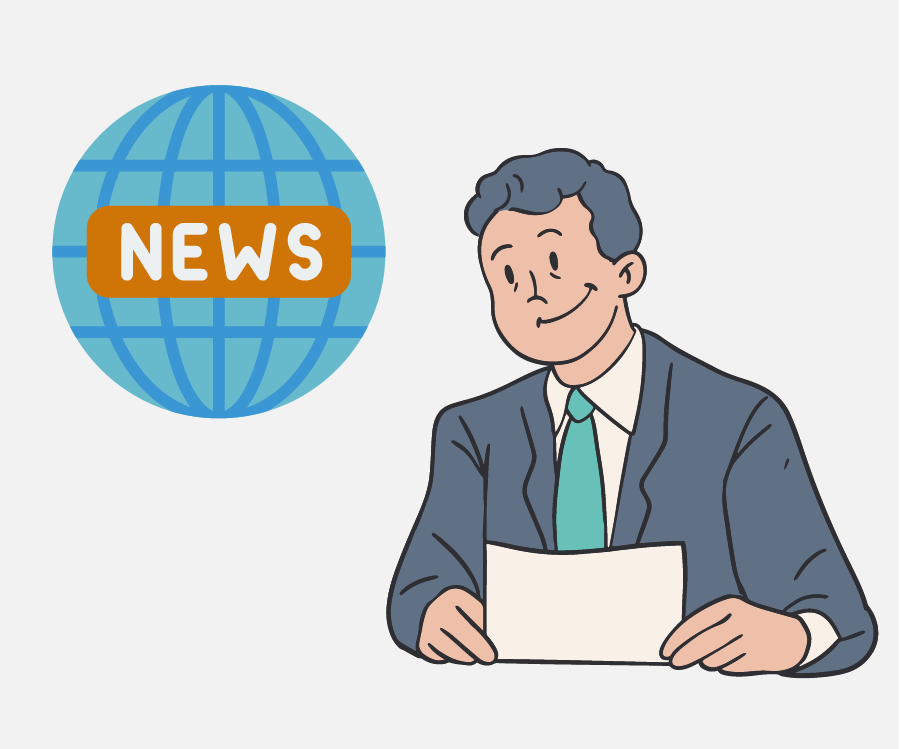 A blue circle that says “news” next to a news reporter holding a piece of paper.