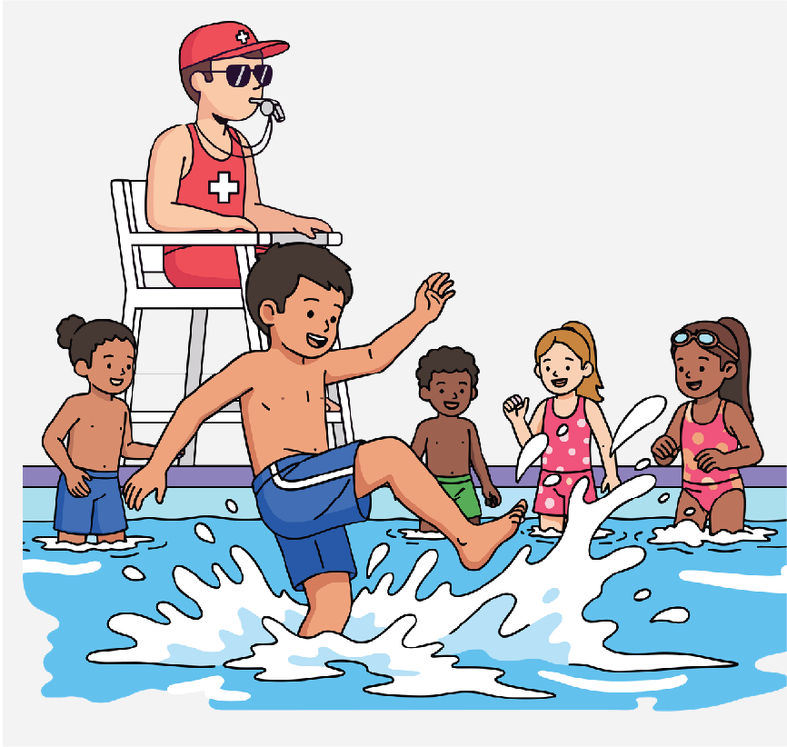 A lifeguard blowing a whistle at five kids swimming and splashing in a pool.