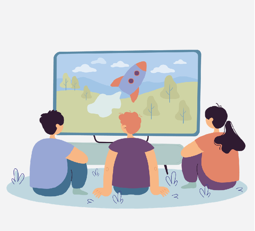 Three kids watching a Rocketship on a TV.