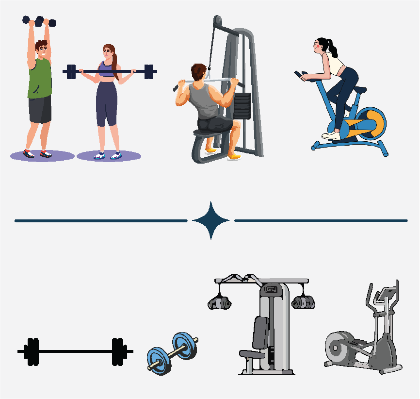 Six images of people working out with different gym equipment and machines.