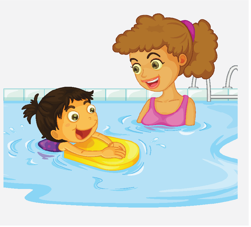 A swimming instructor helping a young girl swim while using a kick board.