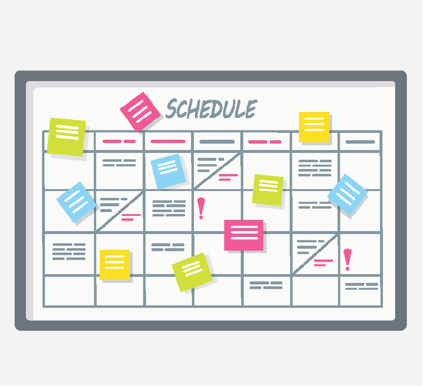A schedule with colorful notes all over it.