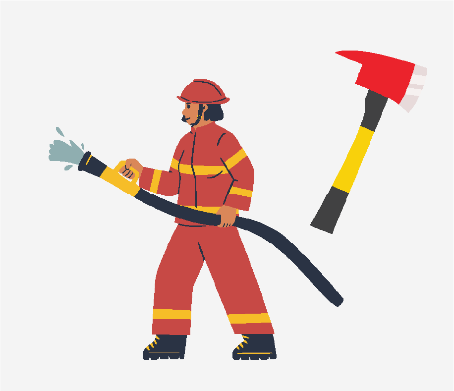 A firefighter holding a hose, there is also an axe next to him.