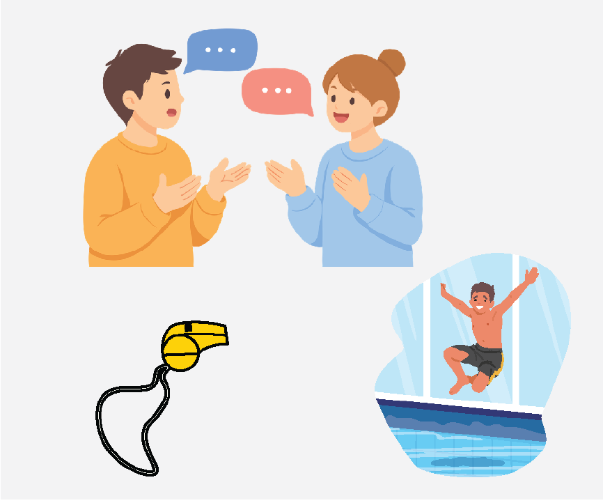 Two people talking, a whistle, and a kid jumping into a pool.
