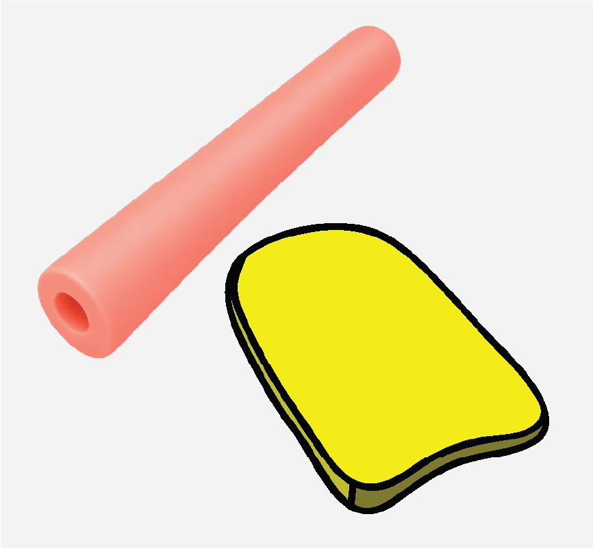 A red pool noodle and a yellow kick board.