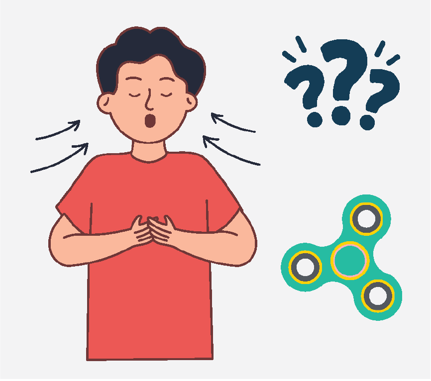 A boy taking deep breaths, three question marks, and a green fidget spinner.