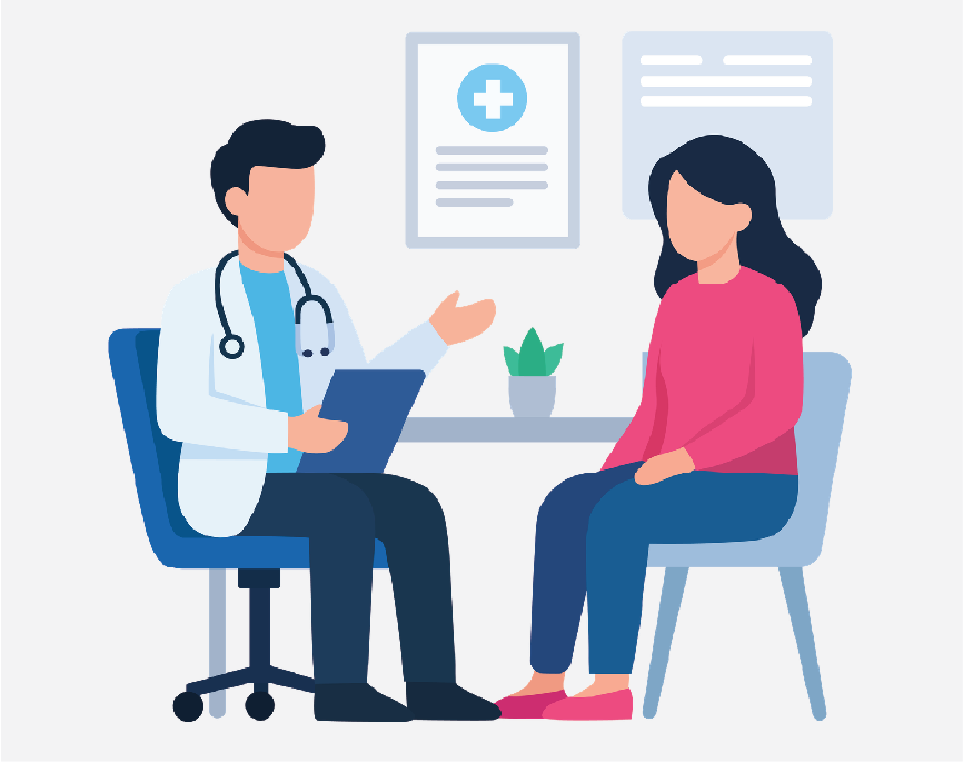 An audiologist holding a laptop and talking to a patient.
