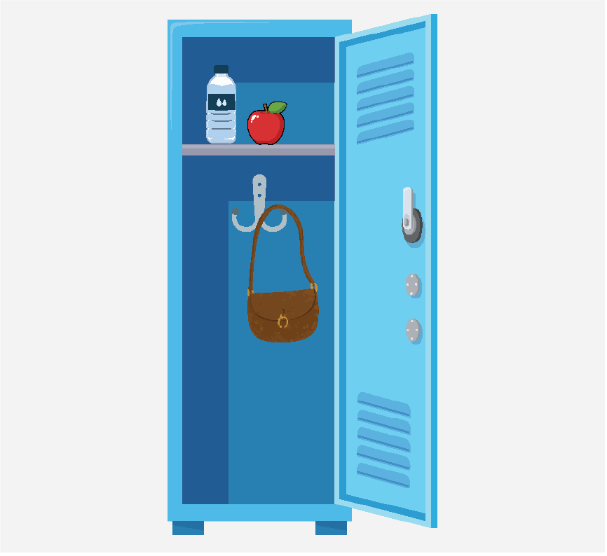 A blue locker with a water bottle, apple, and a purse inside.