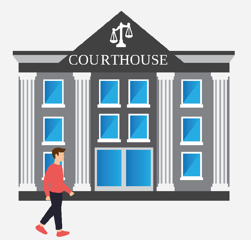 A man walking into a courthouse.