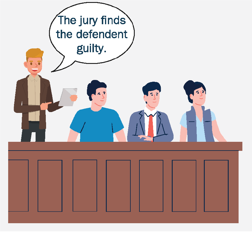 A jury sitting in the jury box while the foreperson gives the verdict and says, 