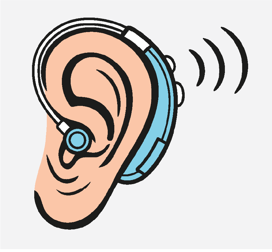 An ear wearing a blue hearing aid. There are sound waves behind the ear.