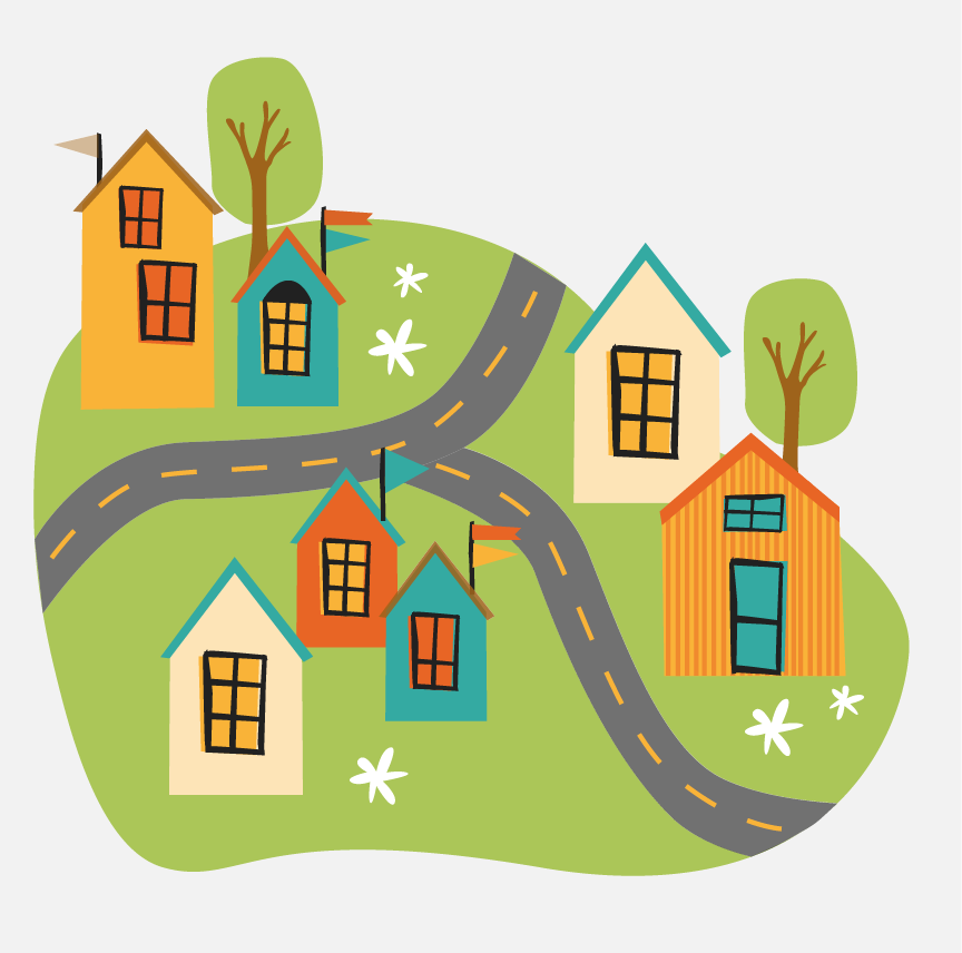 A graphic of a neighborhood with two roads and seven houses.