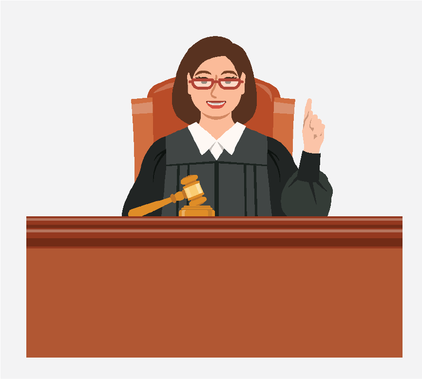 A judge sitting at a desk with a gavel. She is pointing her finger.