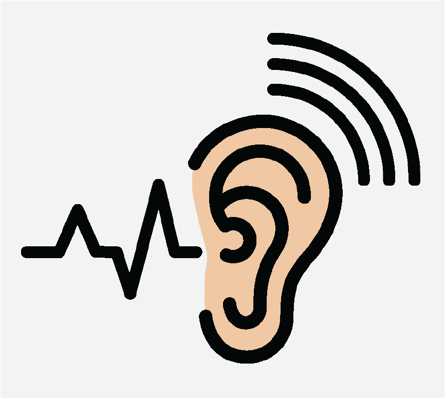 An ear with sound waves coming out of it and above it.