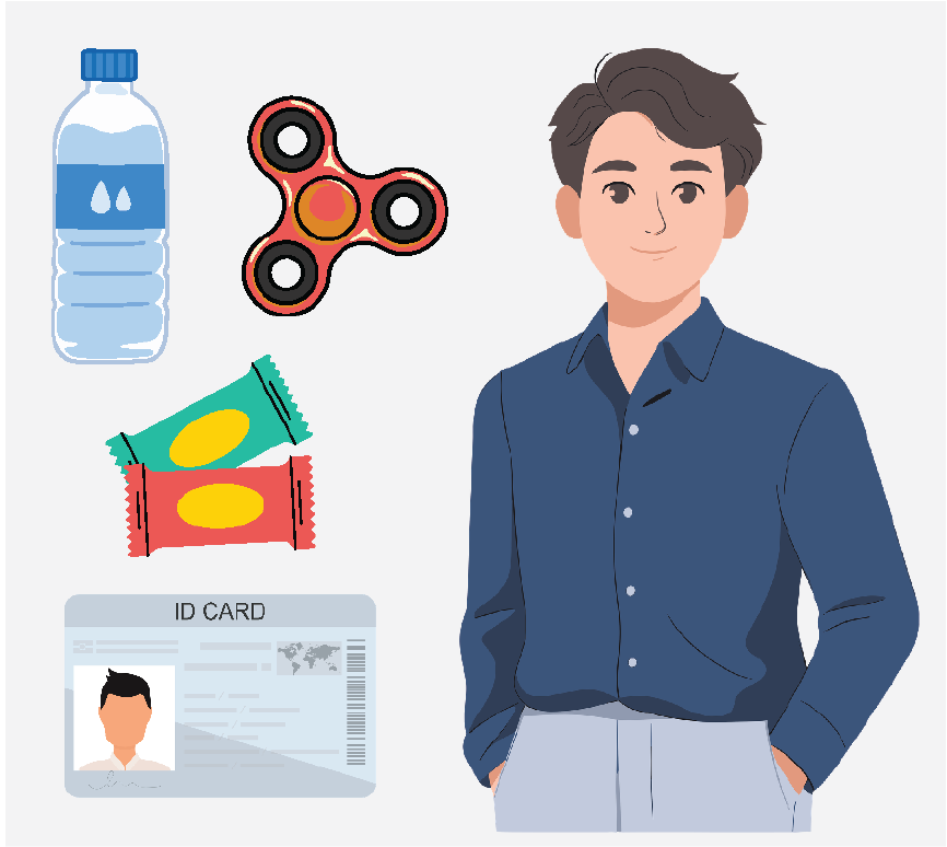 A water bottle, a fidget spinner, snacks, an ID card, and a man dressed in nice clothes.