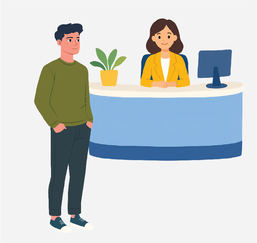 A man standing in front a receptionist's desk. There is a woman sitting behind the desk.